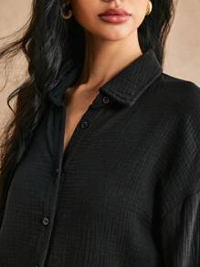 Poéselle 落肩袖素色長款襯衫 - 黑色 - 查看 3