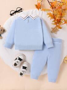 SHEIN Playful Pals Baby Boy Cute Cartoon Bear Knitted Sweater And Pants 2pcs Set, Fashion And Versatile, Suitable For Autumn/Winter
