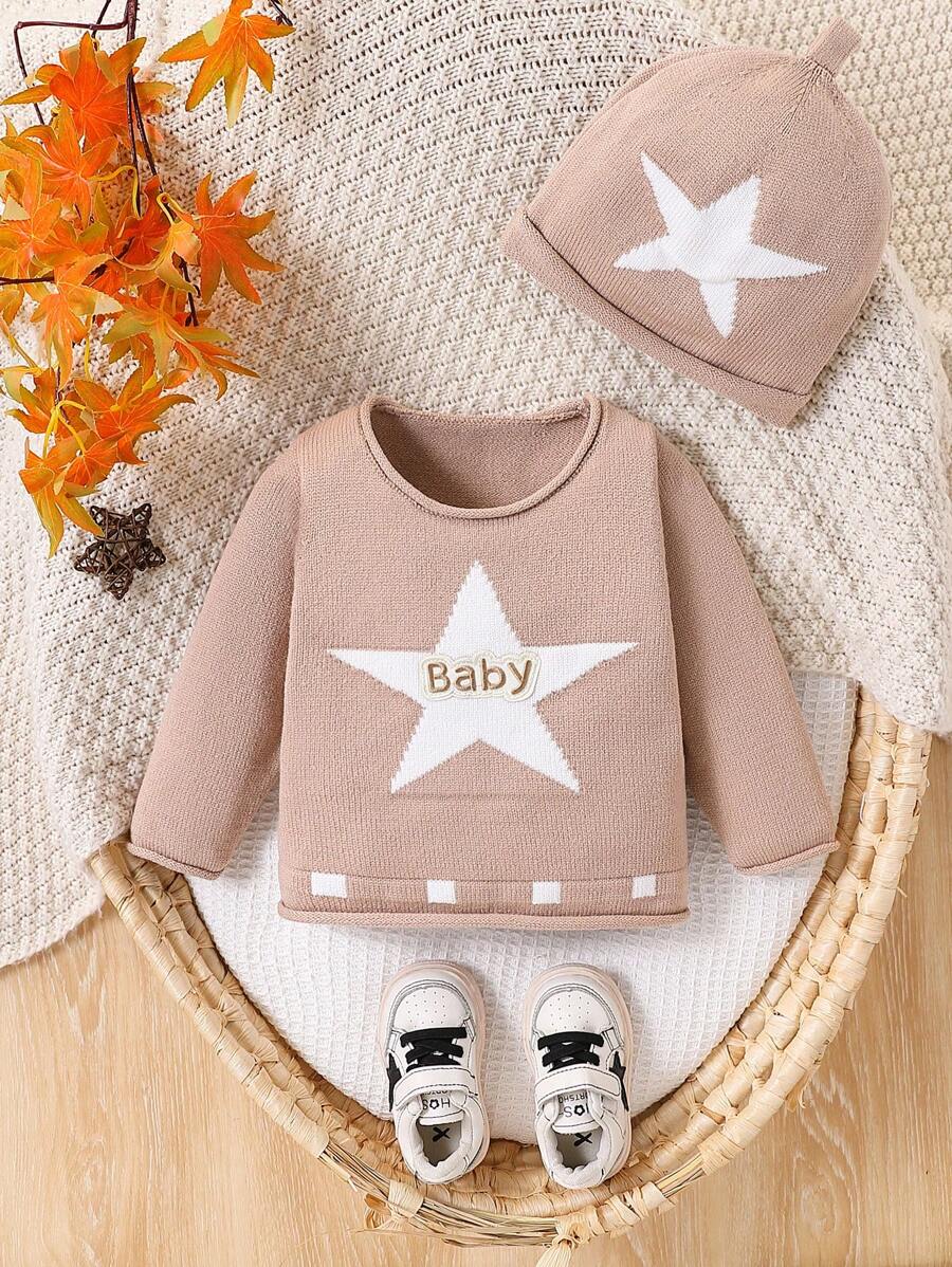 1pc Baby Boy Fashionable Adorable Versatile Five-Pointed Star Embroidery Knit Sweater With Hood - Khaki - View 1
