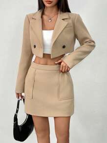 Chiquease 2pcs Khaki Blazer Jacket With Double Pockets And A-Line Skirt Suit Set, Stylish