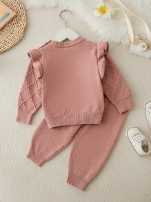 Baby Girl Textured Ribbed Solid Color Ruffled Long Sleeve Top & Tapered Pants Knit Sweater Set - Coral Orange - View 2