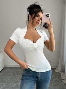 INAWLY Women's Solid Color Ruffle Trim Crew Neck Short Sleeve Fitted T-Shirt, Summer - White - View 3