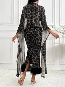 Modelyn 2pcs Women Leopard Print Sleeveless Halter Dress And Shawl Jacket Set, Elegant 2 Pieces Set - Black and White - View 2