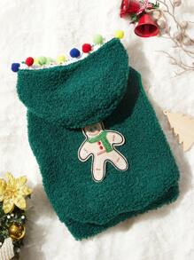 PETSIN 1 件宠物圣诞绿色蓬松彩色绒球连帽保暖舒适狗狗夹克 - 綠色 - 查看 1