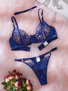 3pcs Deep Blue Sexy Women Lingerie Set