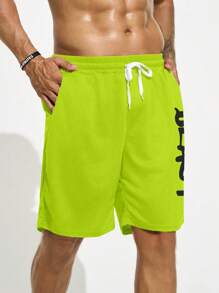 Gym Rark Boyfriend Style Men's Summer Casual Letter Print Drawstring Waist Loose Workout Shorts - Mint Green - View 3