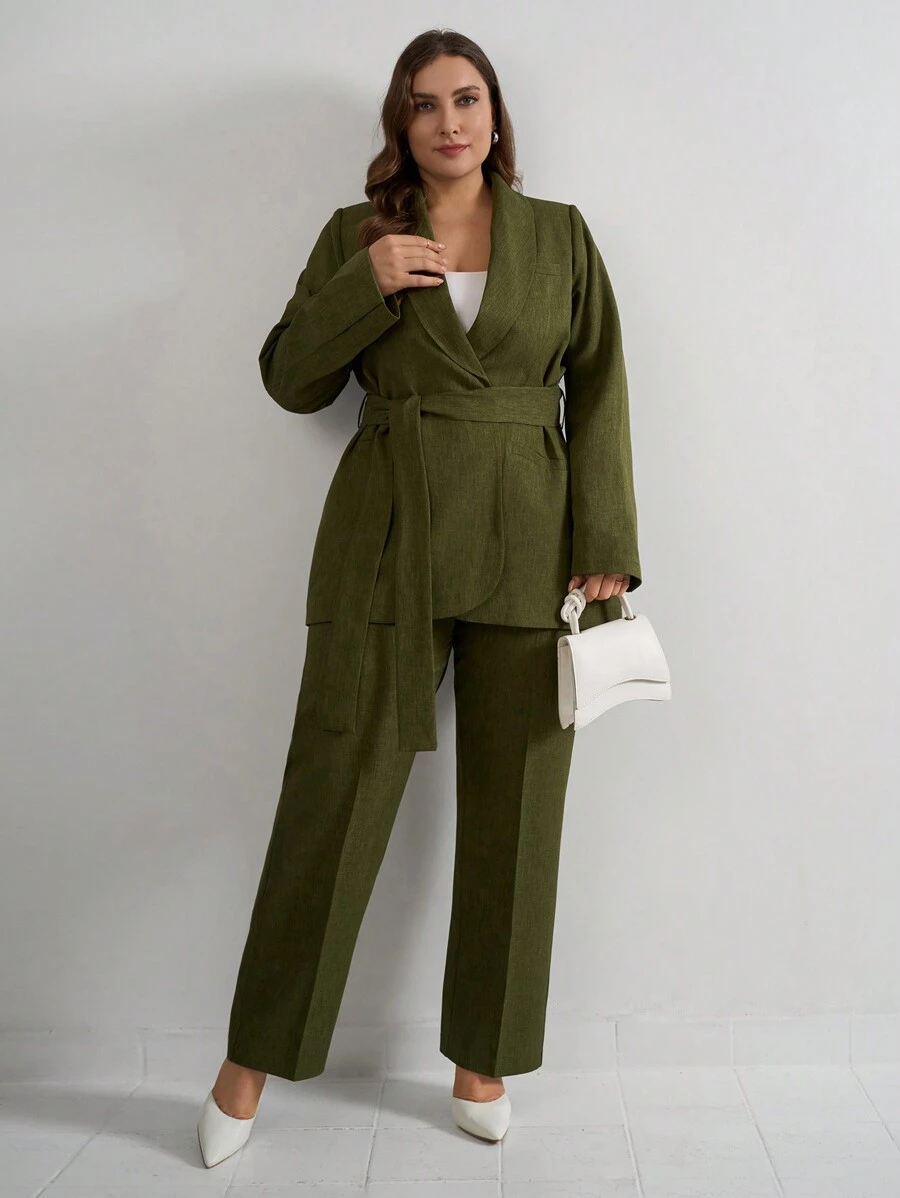 SHEIN Cottnline Plus Size Women's Long Jacket And Straight Pant Two Pieces Set - Army Green - View 1