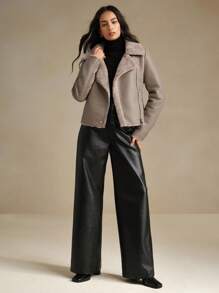 Anewsta 1pc Women Black PU Leather Composite Imitation Rabbit Fur Collar Jacket