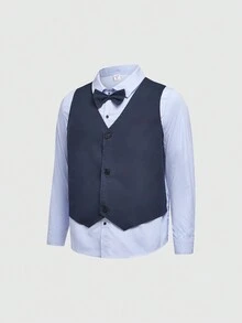 SHEIN Bộ vest trang trọng 3 món cho bé trai tuổi teen: Áo sơ mi dài tay cổ sọc, nơ tương phản, quần trơn màu, đi học, ngày lễ, đám cưới, tiệc sinh nhật, thu/đông - Nhiều màu - Xem 7