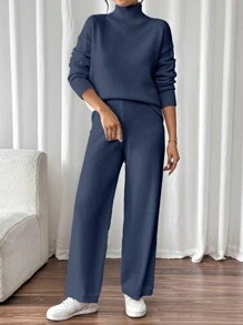 EMERY ROSE 2pcs Set Casual Solid Color Stand Collar Sweater & Pants, Autumn/Winter Fall Cloth For Women