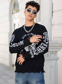 Manfinity Roghcode Męski sweter z jesiennym wzorem liter, okrągłym dekoltem i długim rękawem, dopasowany do sylwetki - Czarne - Zobacz 5