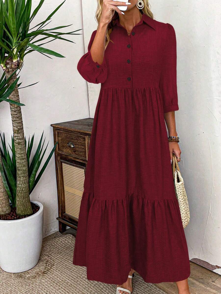 SHEIN LUNE 女士优雅简约纽扣半襟荷叶边下摆连衣裙，秋季酒红色长款女装 - 酒紅色 - 查看 1