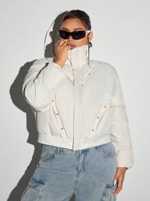 SHEIN ICON Plus Size Women Casual Solid Color Zip-Up PU Padded Coat, Winter - White - View 5