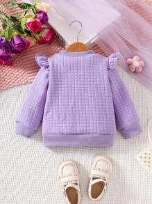 Baby Girl Floral Decor Round Neck Long Sleeve Patchwork Ruffle Hem Sweatshirt For Autumn - Hot Pink - View 2