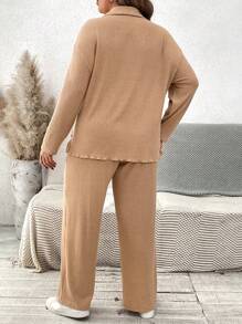 SHEIN VCAY 2pcs Plus Size Women Casual Solid Color Turndown Collar Drop Shoulder Long Sleeve Top And Pants Set, Autumn