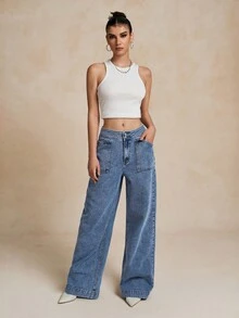 女士复古双纽扣简约宽松直筒牛仔裤 - 藍色 - 查看 5