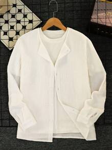 青少年男孩纯色前扣长袖休闲衬衫 - 白色 - 查看 1