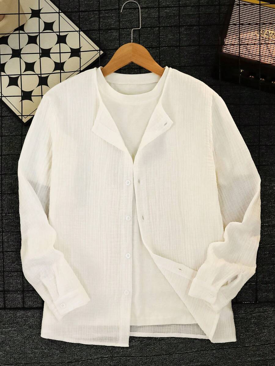 青少年男孩纯色前扣长袖休闲衬衫 - 白色 - 查看 1