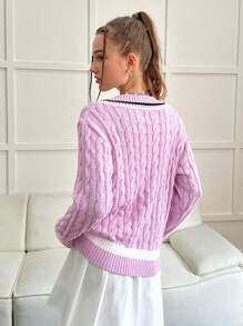 INAWLY Suéter de mujer de cuello en V estilo universitario de punto trenzado, informal para otoño/invierno