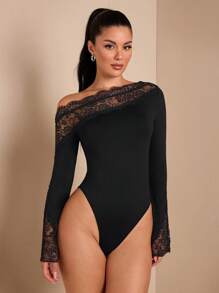 SHEIN BAE 1 件女式纯黑色性感优雅不对称蕾丝拼接露肩长喇叭袖紧身衣，适合秋冬季分层穿着，针织保暖性感，适合外出、浪漫约会、派对 - 黑色 - 查看 1