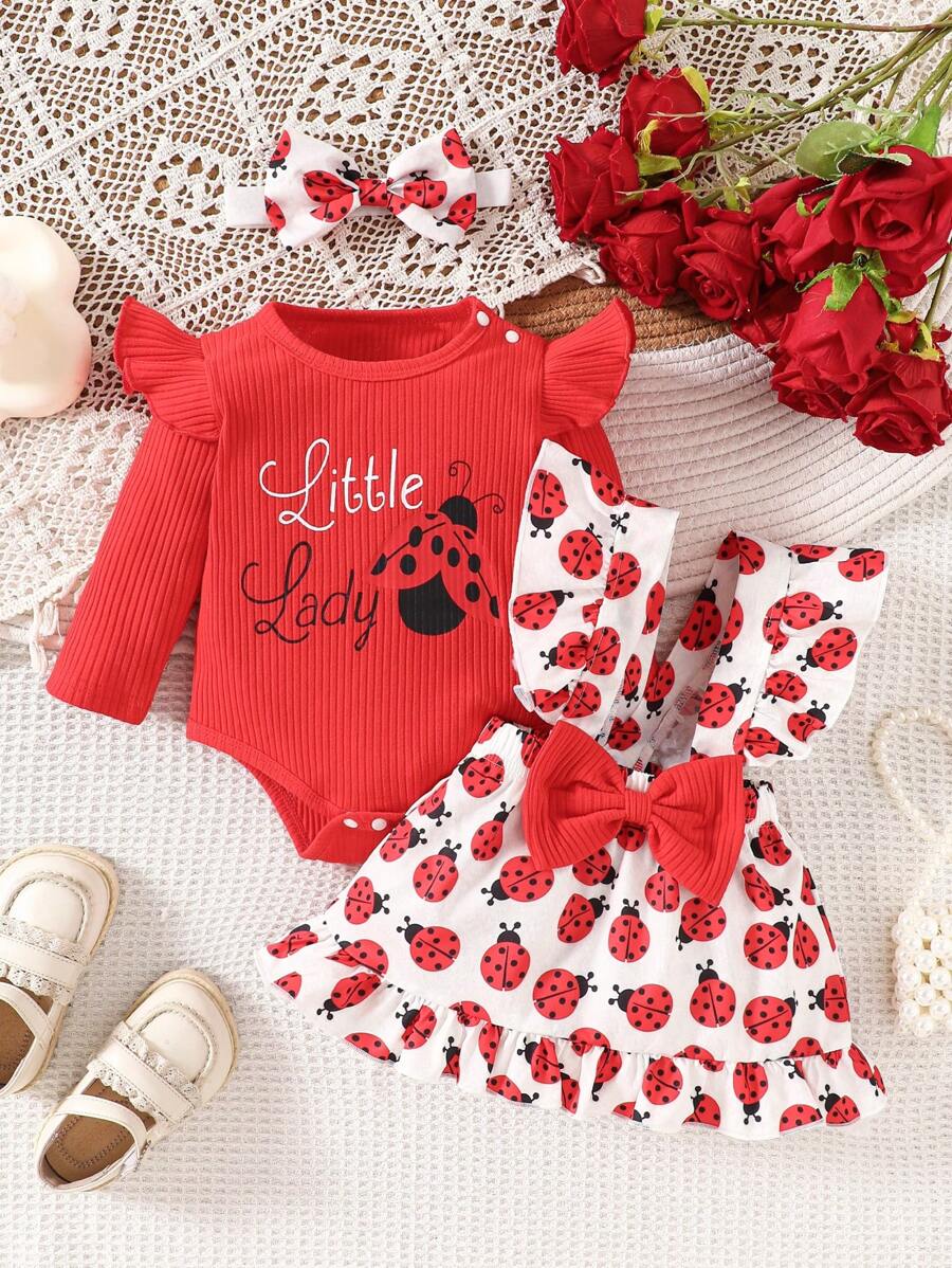 SHEIN Bộ đồ bé gái dễ thương in chữ hoạt hình cổ bèo nhún dài tay và nơ hoạt hình kèm băng đô, mùa thu/đông - Đỏ - Xem 1