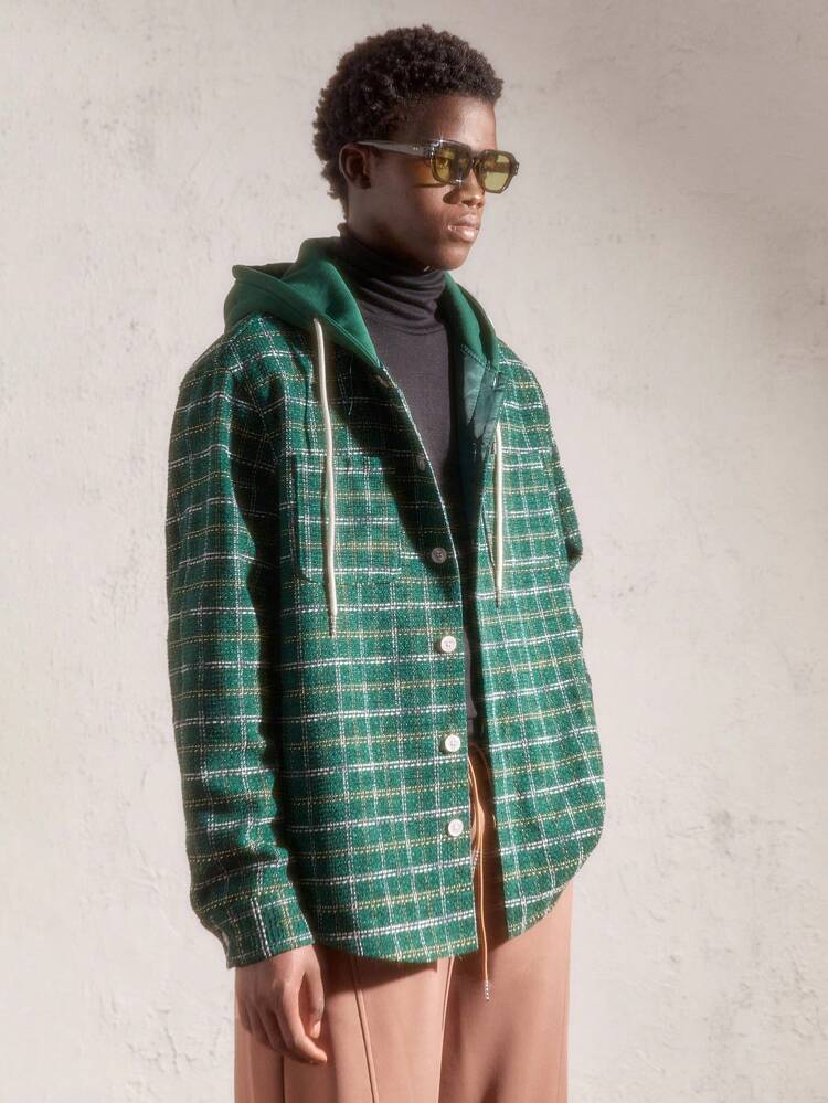Men's Woven Plaid Casual Hooded Loose Long Sleeve Shirt, Green, Suitable For Autumn/Winter Christmas
