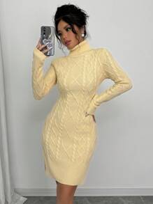 SHEIN Unity High Neck Solid Color Cable Knit Long Sleeve Sweater Dress - Apricot - View 6