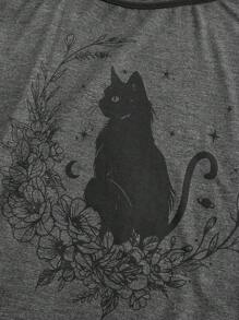 ROMWE Fairycore Vintage Casual Cat Print Open Shoulder 2 In 1 Drawstring Dress For Women