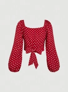 SHEIN MOD Plus Size Vintage Red Polka Dot Crossover Back Tie Bow Lantern Sleeve Blouse