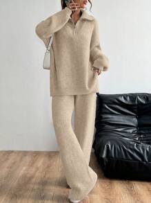 Flirla Bộ 2 áo len dệt kim rộng rãi thoải mái cho nữ và quần, trang phục đa năng cho mùa thu/đông - Màu Khaki - Xem 3