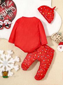 SHEIN 3 件套男婴可爱狮子印花长袖衬衫、裤子和帽子家居服，适合圣诞节 - 紅色 - 查看 2