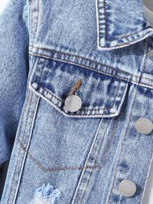 Young Boys Fashion Casual Washed Distressed Denim Jacket Paired With Straight Leg Washed Distressed Denim Pants Set