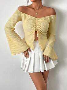 Chiquease 1 chiếc áo thun trễ vai cho nữ, dây rút, viền bất đối xứng, tay loe, vải có họa tiết, trẻ trung và thời trang - Màu vàng - Xem 5