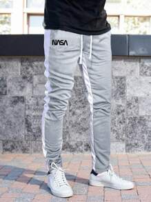 Manfinity Homme Quần nỉ nam in chữ có dây rút ở eo màu tương phản thường ngày - Màu Xám nhạt - Xem 1