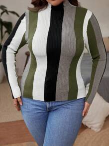 SHEIN Clasi Große Größen Farbblockstreifen-Muster Stehkragen Langarm Pullover - Armeegrün - Übersicht 4