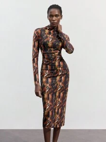 Maija 女式褶皱立领全印花网眼长袖中长连衣裙，秋冬 - 彩色 - 查看 1