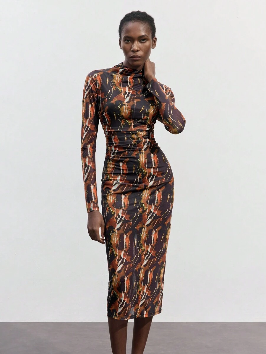 Maija 女式褶皱立领全印花网眼长袖中长连衣裙，秋冬 - 彩色 - 查看 1