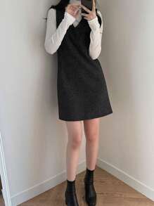 DAZY 女士休闲 V 领无袖短款闪亮连衣裙，秋冬 - 黑色 - 查看 7