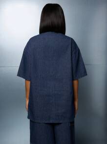 SUMWON WOMEN Street Pinstripe Boxy Sleeves Button Down Graphic Shirt Dress - Blue - View 2