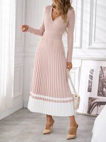 SHEIN Clasi Váy len xếp ly chữ A cổ chéo thanh lịch cho nữ, trang phục mùa thu/đông - Màu Hồng baby - Xem 4