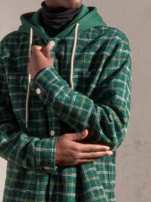 AKNOTIC Party Men's Woven Plaid Casual Hooded Loose Long Sleeve Shirt, Green, Suitable For Autumn/Winter Christmas - Green - View 3