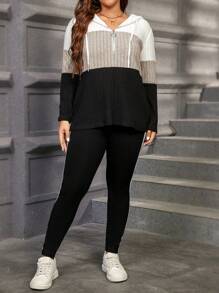 SHEIN LUNE 2pcs Plus Size Solid Color Contrast Zip-Up Hoodie Top And Pants Casual Set Winter Clothes