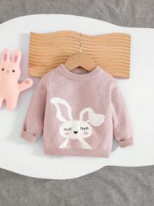 SHEIN Leap Crew 秋冬女宝宝可爱粉色卡通印花长袖毛衣，百搭 - 粉色 - 查看 1