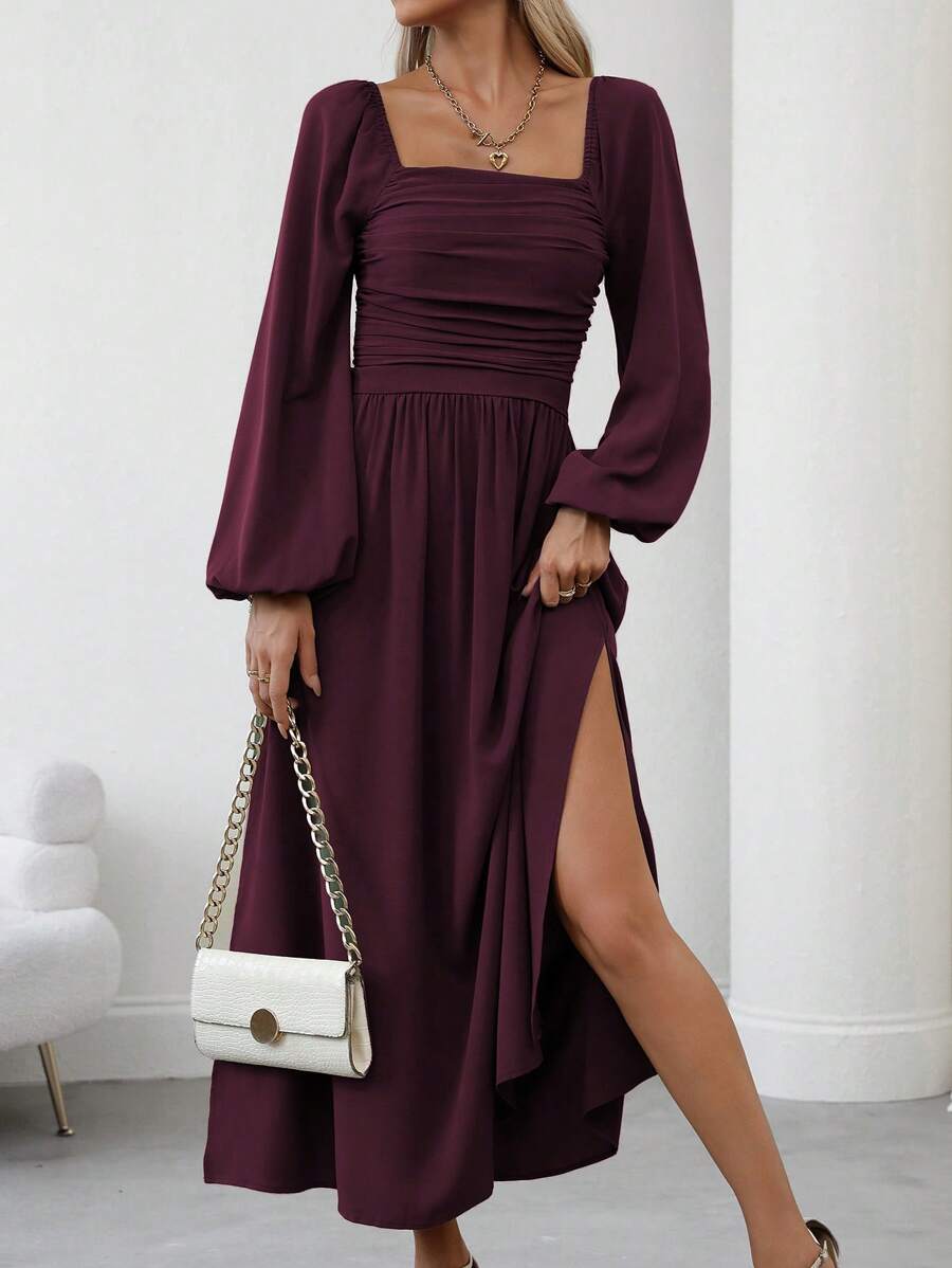 SHEIN Clasi Đầm Maxi Nữ Tay Dài Cổ Vuông Xếp Ly Xẻ Cao, Màu Trơn, Trang Phục Nữ - Màu Tím - Xem 1