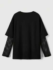 Women Gothic Abstract Pattern Print Mesh Contrast Long Sleeve T-Shirt - Black - View 3