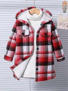 SHEIN Girls' Casual Classic Plaid Hooded Cardigan Sweater With Furry Lining, Suitable For Autumn, Winter, Daily Wear, School, Outdoor, Warmth, Home And Family Gatherings - Red - View 1