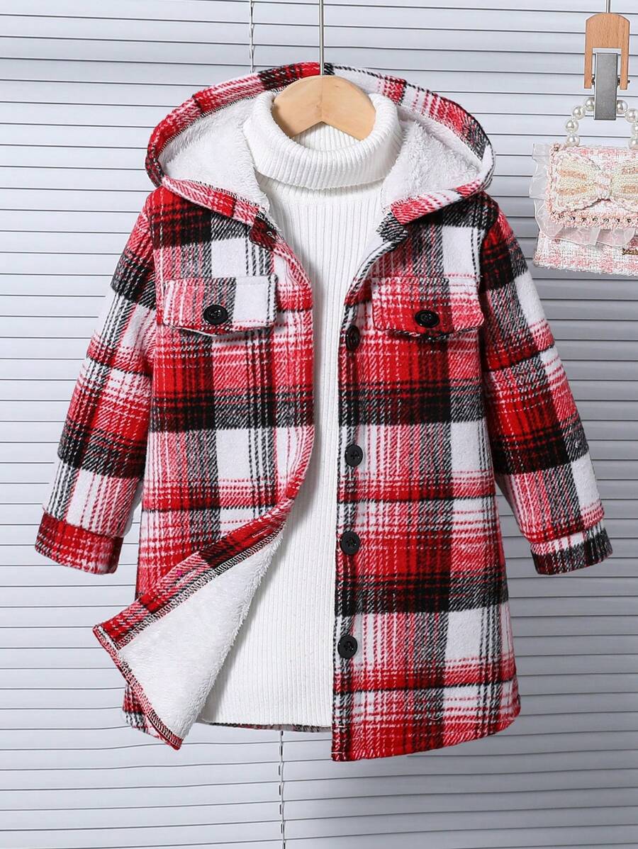 SHEIN Girls' Casual Classic Plaid Hooded Cardigan Sweater With Furry Lining, Suitable For Autumn, Winter, Daily Wear, School, Outdoor, Warmth, Home And Family Gatherings - Red - View 1
