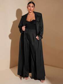 SHEIN BAE 大码秋季优雅女式机场商务缎带长款宽松棕色风衣 - 黑色 - 查看 1