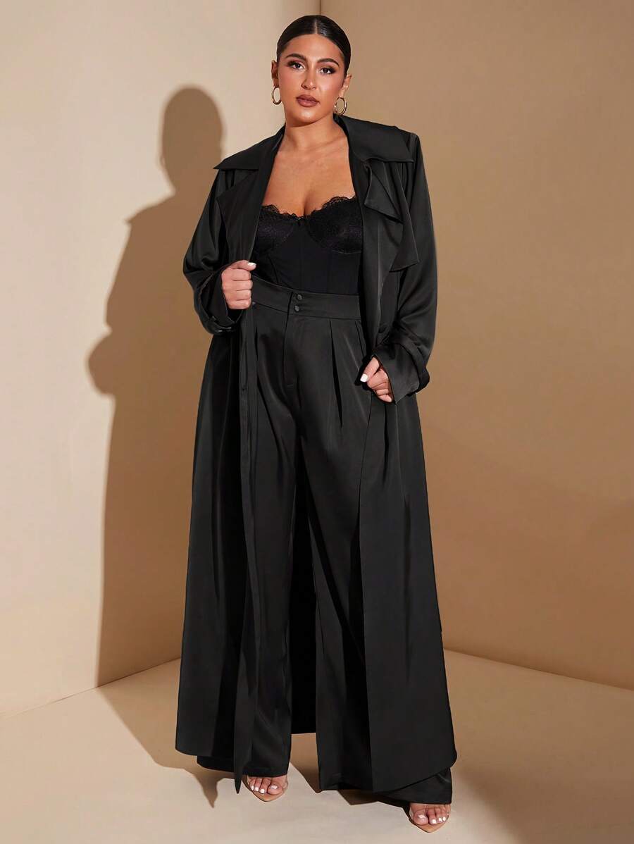 SHEIN BAE 大码秋季优雅女式机场商务缎带长款宽松棕色风衣 - 黑色 - 查看 1