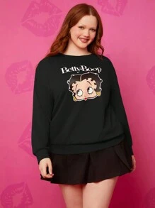 Betty Boop x SHEIN Plus Size Retro Sexy Street Trendy Y2k Herfst Zwart Klassiek Cartoon Portret Print Lange Mouw Ronde Hals Sweatshirt